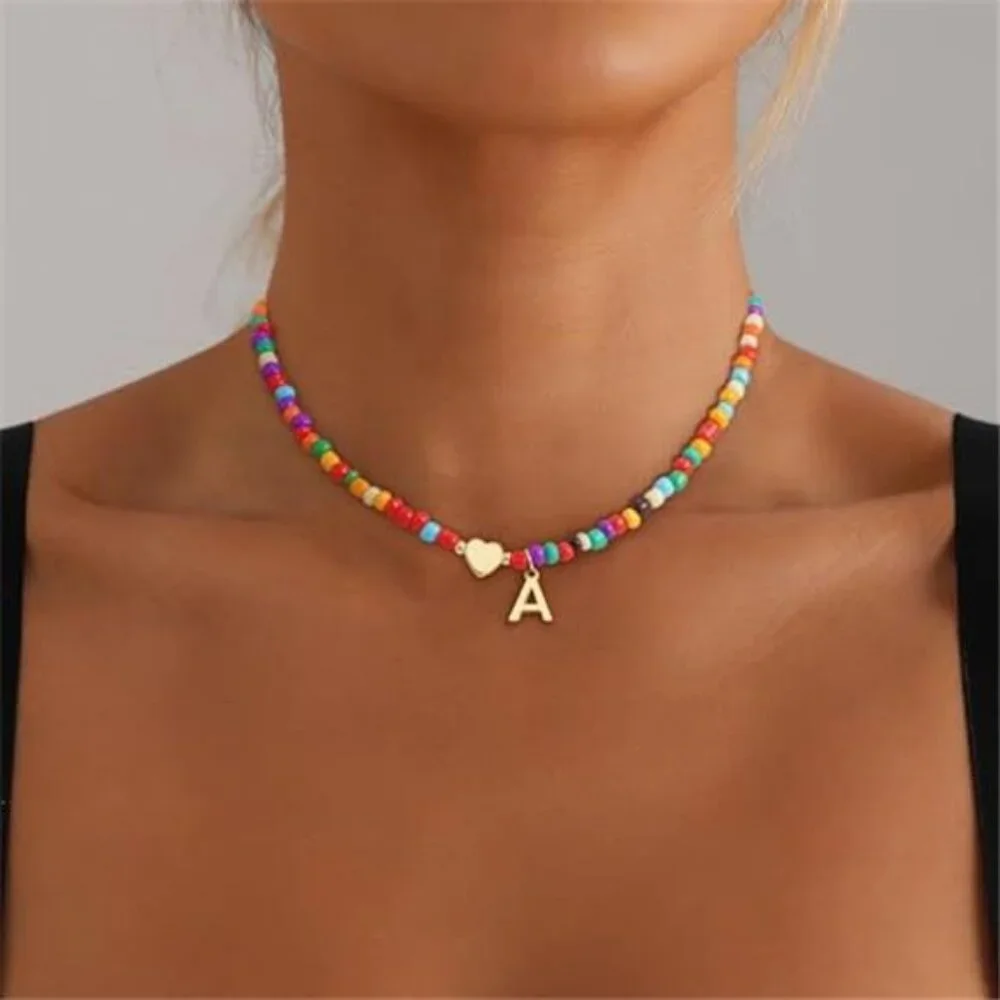 Initial Beaded Necklace Heart Letter Choker Colorful Girls Teen Jewelry Gift